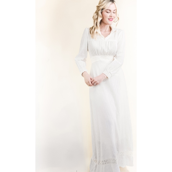 70s Ivory Cotton Gauze Crochet Trim VTG Maxi Dress - Picture 3 of 16